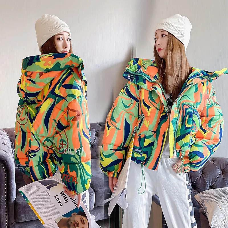 Winter Printed Cotton Jacket Women's Short Hooded Bread Jacket Thicken Fashionable All-match