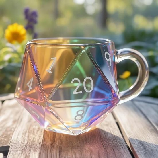 Rainbow D20 Dice Mug with Handle Colorful Polyhedral Glass Coffee Cup for Gamers Unique Gift for Tabletop RPG Fantasy Enthusiasts