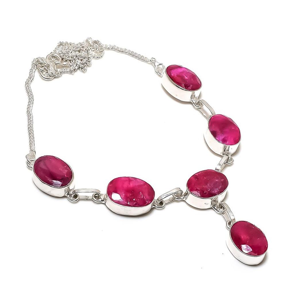 Simulated Kashmiri Ruby Necklace 18" Chain Silver Tone Oval Cut Gemstone Jewelry