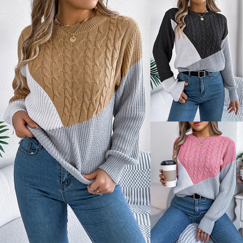 Autumn and Winter Women's Casual Flat Knit Crash Twist Knit Long Sleeve Pullover Sweater