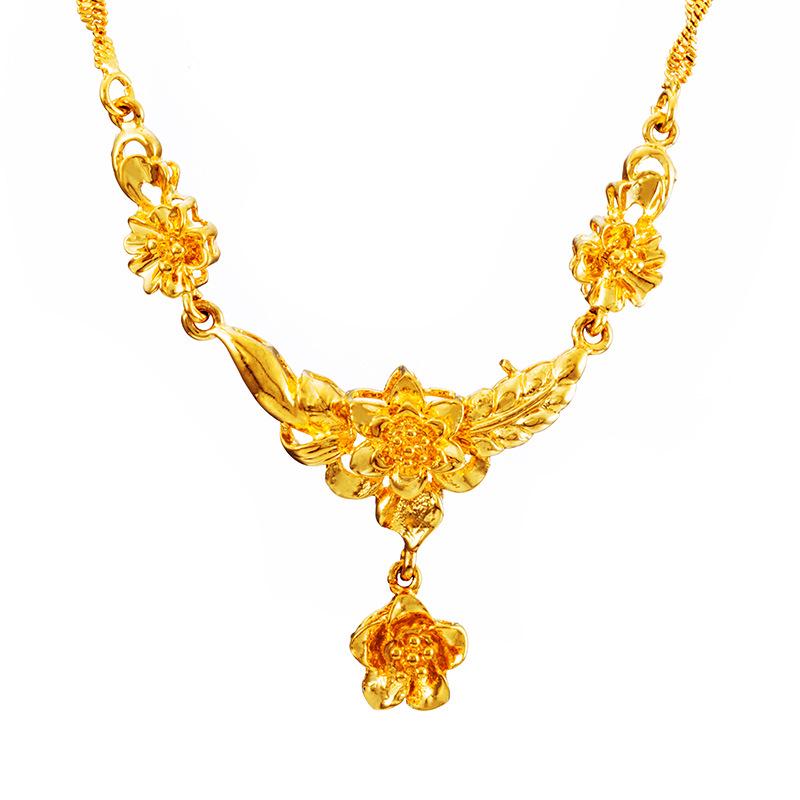 24k Gold Plated Women's Flower Necklace, Vietnamese Sand Gold Bridal Wedding Necklace, Brass Gold Plated Clavicle Necklace for Women