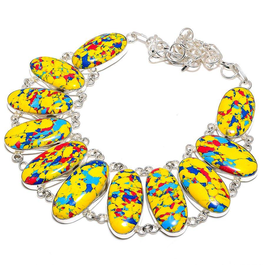 Мозаичная яшма Драгоценный камень Ручная работа Серебро 925 пробы Ювелирное колье 18" SU-9756