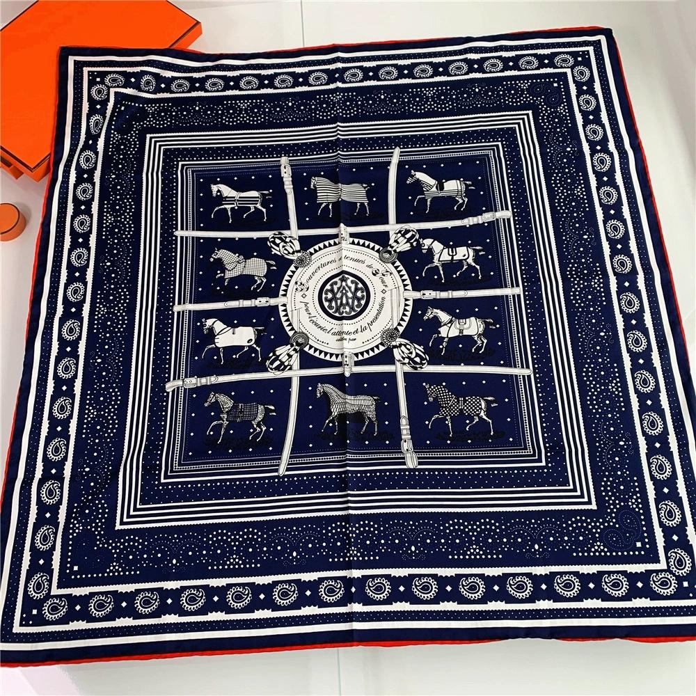 90CM Square Manual Hand Rolled Twill Silk Scarf Women Plaid Horse Design Scarves Bandana Hijabs For Holiday