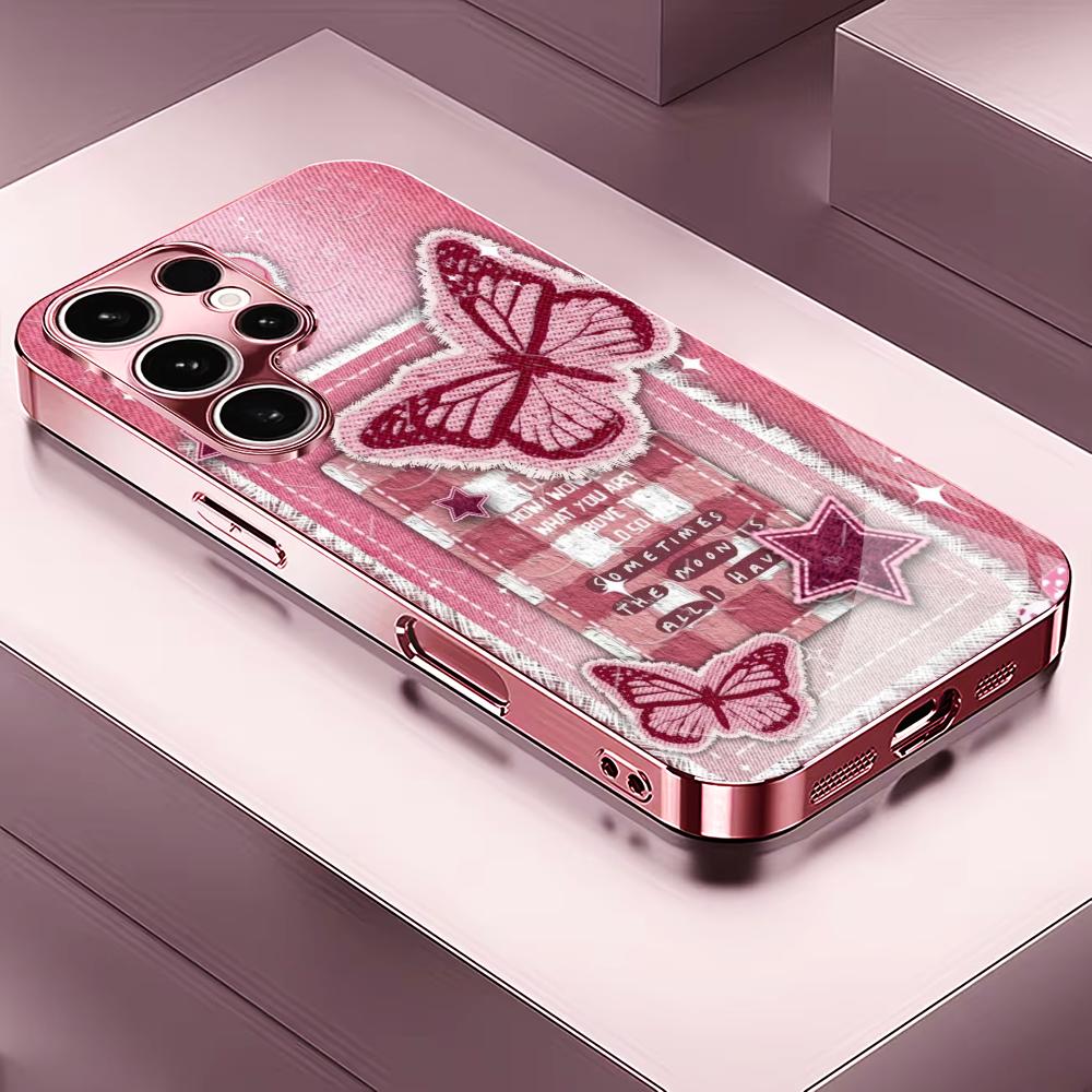 Pink butterfly sticker Madam pink  Glass  PhoneCase for Samsung Galaxy S26 S25 S24 S23 S22 FE Ultra Plus Dropresistant Female