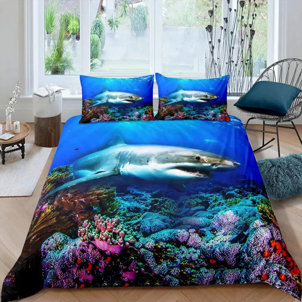 2/3pcs Fish Duvet Cover Set Ocean Bedding Sets 3D Printed Underwater World With Shark Dolphin Coral Reef Pattern Quilt Cover Set