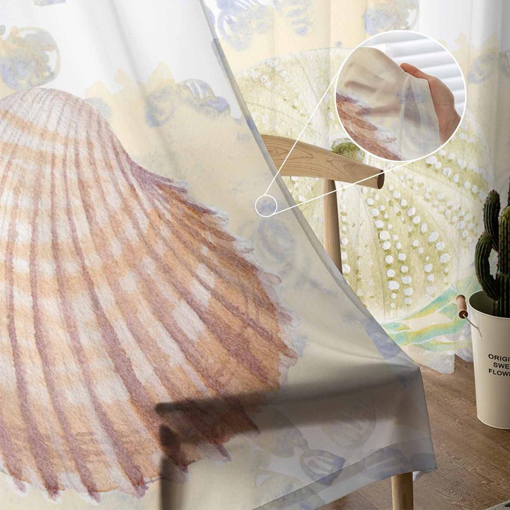Retro Watercolor Sea Urchin Shell Starfish Ocean Sheer Curtains Modern Gauze Curtain for Living Room Bedroom Voile Yarn Curtains