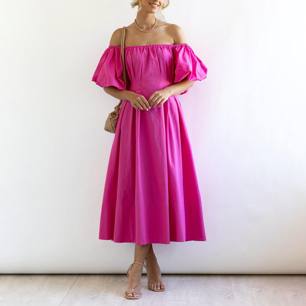 Women's Fashionable Solid Color One Line Neckline Bubble Short-Sleeved Temperament Pleated High Waisted Dress