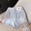 Джинсовые шорты с цветочной вышивкой для женщин, с высокой посадкой, прямые, А-силуэта, полушорты, для повседневной носки, с несколькими карманами