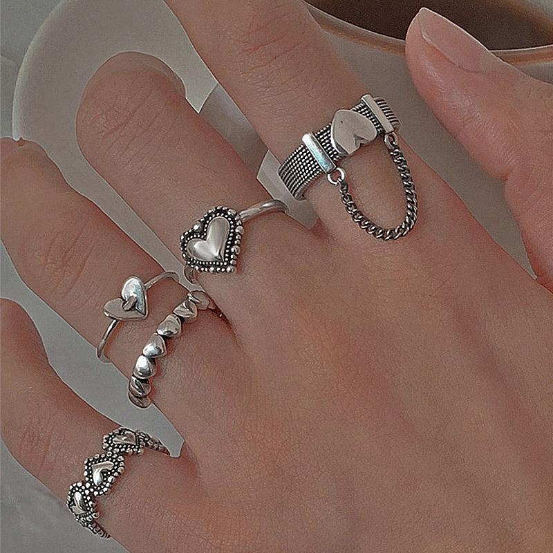 Charm Vintage Heart Rings Set Love Chain Kpop Punk Rings for Couples Lovers Men Women Girls  Party Gift for Girfriend Wedding Rings AVE