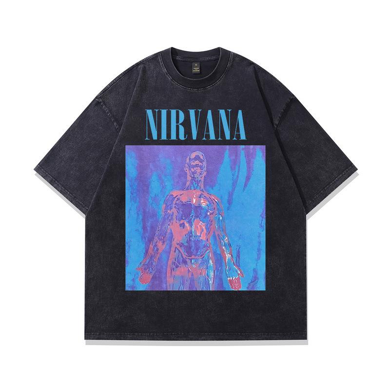 Men'S Pure Cotton T-Shirt European And American High Street Vintage Washed Nirvana Band Printed Short-Sleeved T-Shirt Men