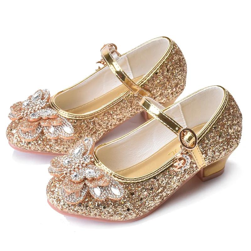 Модные детские туфли принцессы с блестками и стразами для девочек на высоком каблуке, кожаные туфли для вечеринки, свадьбы, детские универсальные одинарные туфли