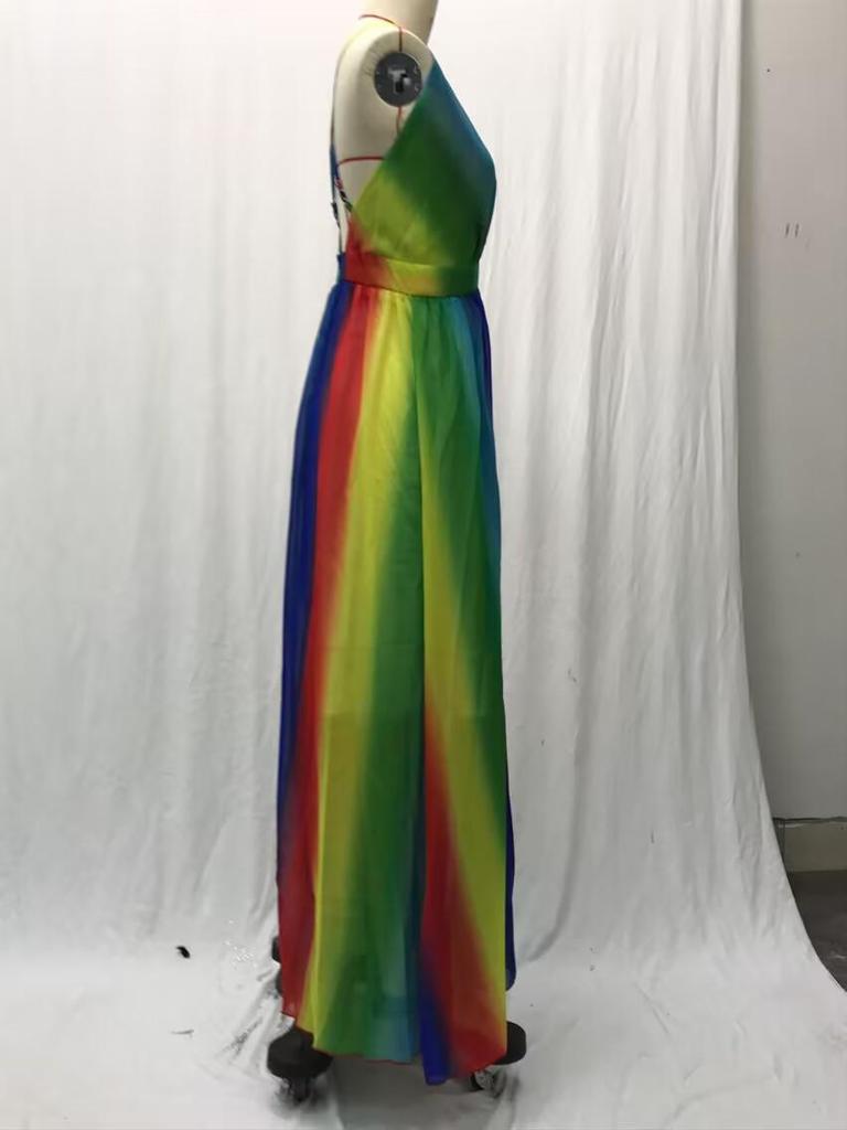 2025 Весна/Лето Европейское и Американское Женское Сексуальное Платье с Глубоким V-образным Вырезом из Радужного Шифона