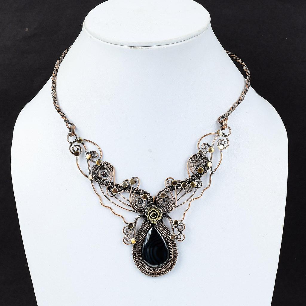 Ожерелье из псиломелана, ожерелье из медной проволоки, ожерелье ручной работы, регулируемое ожерелье, подарок для нее, ожерелье из драгоценных камней, изящные медные украшения