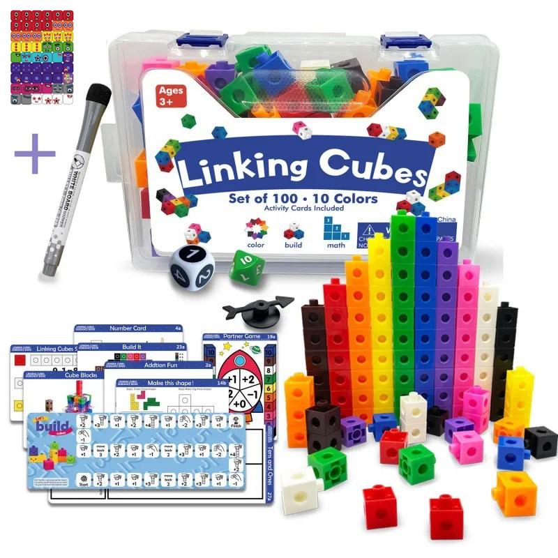 Linking Cubes Math Blocks Toy with Activity Cards 100pcs Numbers Counting Set Snap Toy Counters Kids Educational Learning Gifts