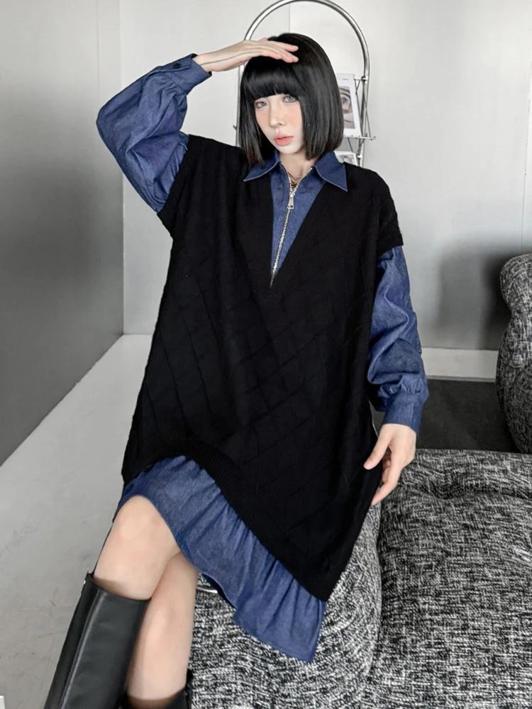 Xitao Knitting Patchwork Zipper Dress HQQ2417