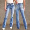Женские джинсы Bootcut с высокой талией, двойная пуговица, весна-лето, вышивка на заднем кармане, эластичные, узкие, полной длины, из денима