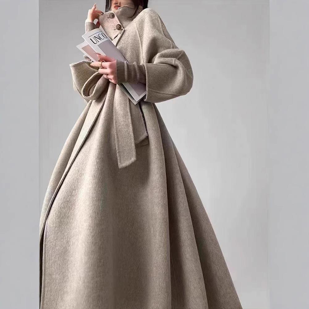 Ретро, Blue Island Bay, шерстяное длинное пальто, синее темпераментное классическое кейп-пальто, зимнее двустороннее твидовое пальто для женщин