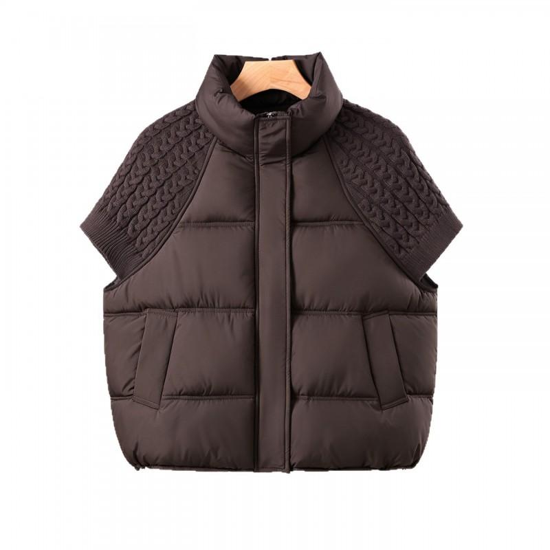 Womens Loose Fit Stand Collar Knit Sleeve Cotton Puffer Vest With Zipper Pocket Casual Outerwear Fall Winter 2026