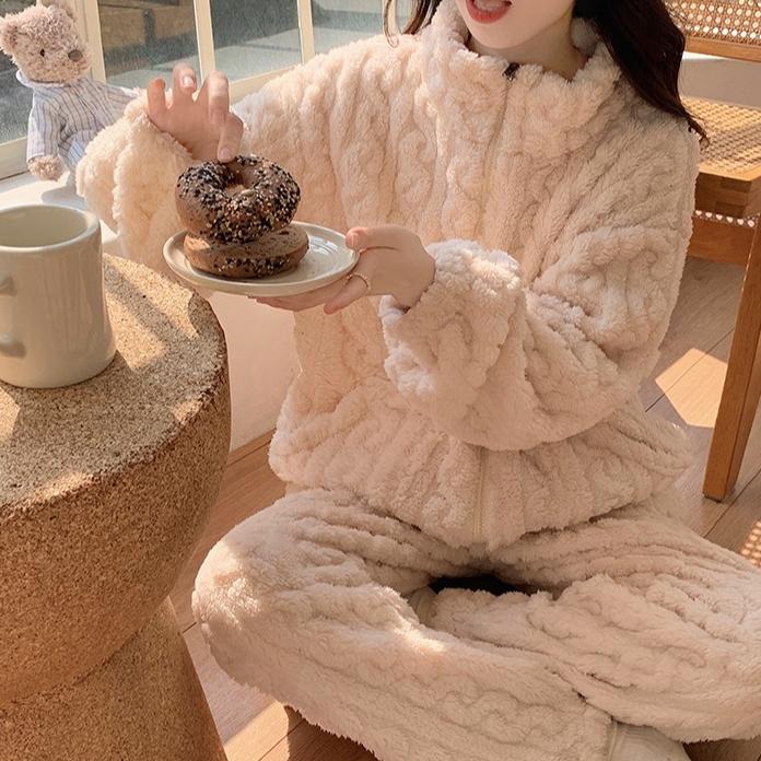 Уютный фланелевый пижамный комплект для женщин, повседневный топ с длинным рукавом и воротником-стойкой, брюки, однотонная вязаная одежда для сна, для взрослых, теплая домашняя одежда для осени/зимы