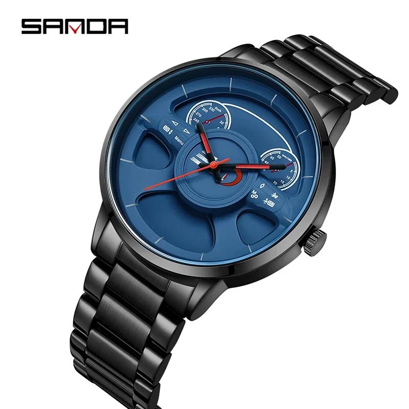 Fashion Sanda Top Brand 1138 New Arrival Leather Band Car Spinning Rim Luxury Men's Custom Design Quartz Waterproof Wheel Watch