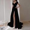 Women's Off Shoulder High Split Maxi Dress Sexy V Neck Long Prom Dress Formal Cocktail Party Evening Gown with Train