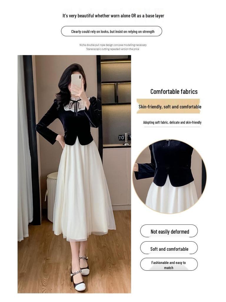 Французское ретро-платье из бархата с многослойной юбкой для весны и осени