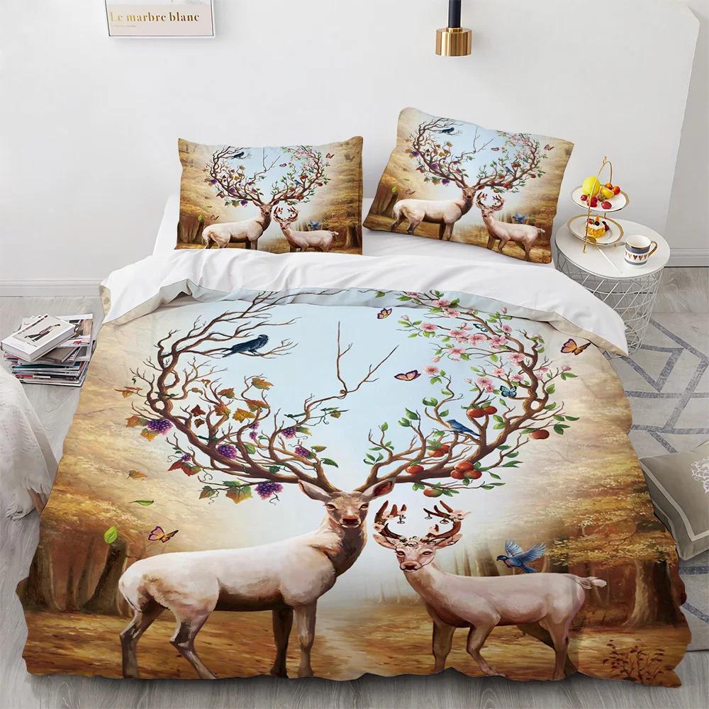 Deer Duvet Cover Set Wild Animals Flowers Pattern Polyester Bedding Set King Twin Full Size Comforter Cover For Kids Boys Girls