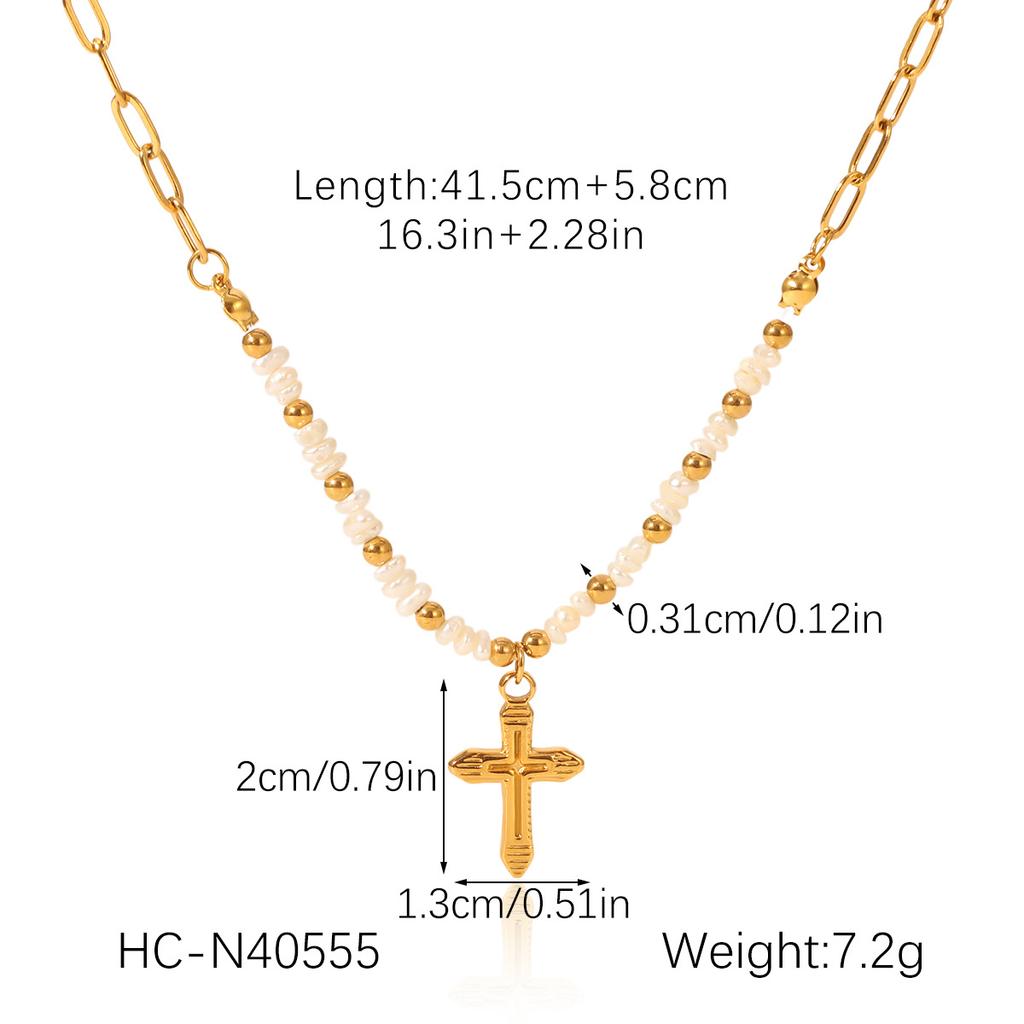 French light luxury vintage natural freshwater pearl necklace stainless steel cross pendant jewelry high-end clavicle chain