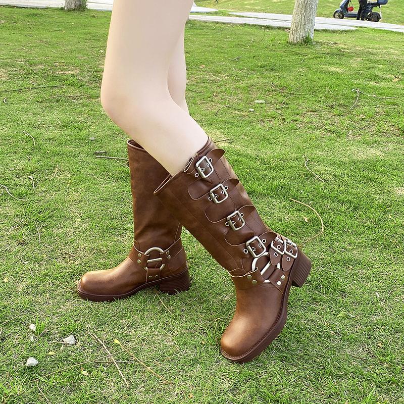Модные женские ботинки до середины голени, ковбойские, вестерн, массивные, на низком каблуке, кожаные, дизайнерские, новые, европейский стиль, новые, рок, готика, панк, элегантные мокасины