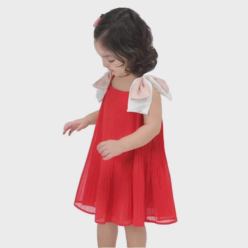 Pleated Chiffon Summer Princess Dress with Big Bow for Girls