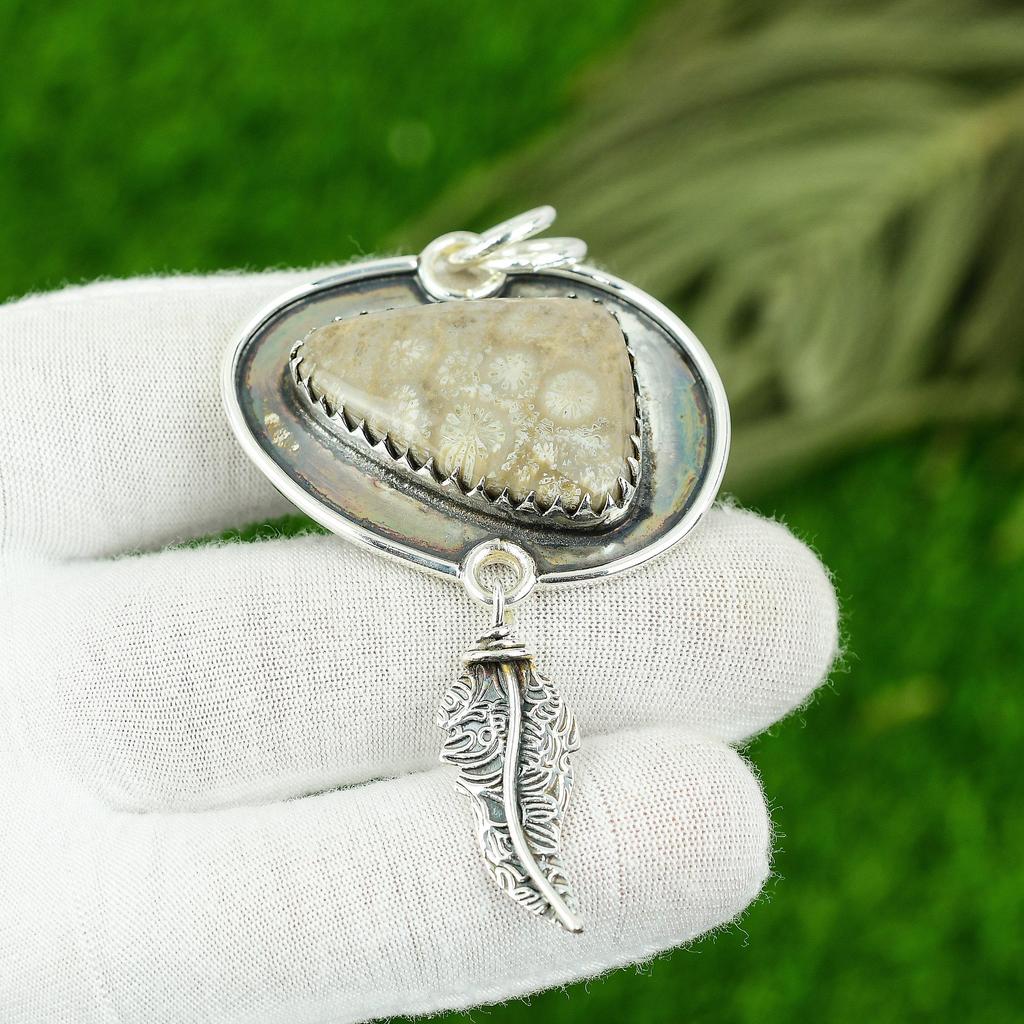 Womens day Sale 925 Sterling Silver Fossil Coral Gemstone Mother Pendant Jewelry