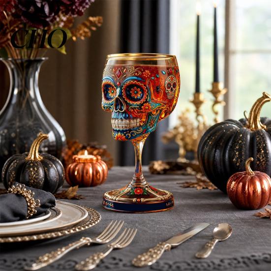 Sugar Skull Wine Glass Gothic Glass, Hand Painted Skeleton Goblet, Day Luxury Decorative Drinking of The Dead Decor, Unique Bar Gift for Halloween
