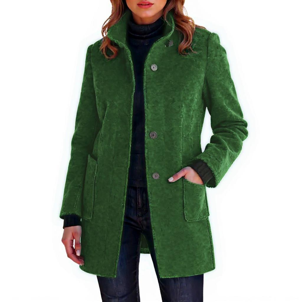 Ladies' Casual And Fashionable Solid Color Button Up Collar Woolen Coat