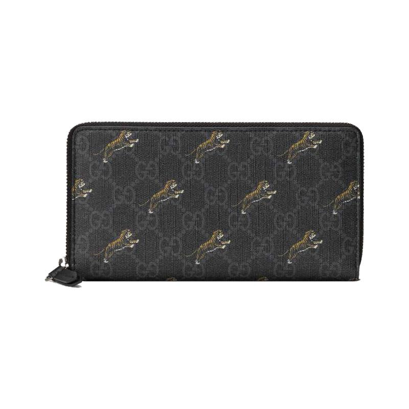 Gucci Кошелек-клатч из холщовой заплатки с принтом под тигра, логотипом для пресбиопии, длинной молнией, мужской, черный, серый