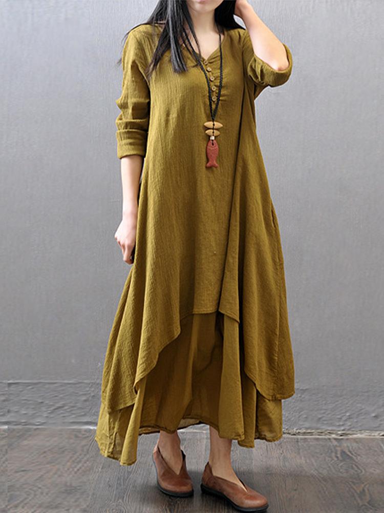 Элегантное винтажное свободное платье с V-образным вырезом из двух частей, женское модное дизайнерское однотонное платье с длинным рукавом и оборками, женская шикарная тонкая нестандартная одежда