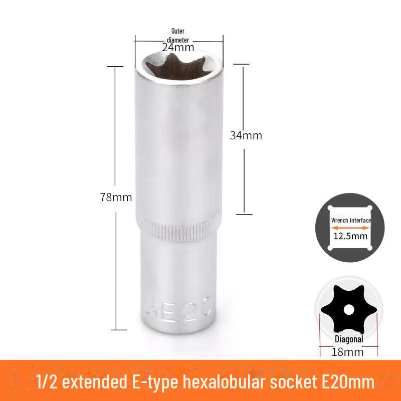 Metric 6-Point Flower-Shaped E-Type Socket Set: 1/2 Large, 3/8 Medium, 1/4 Small, Star Type.