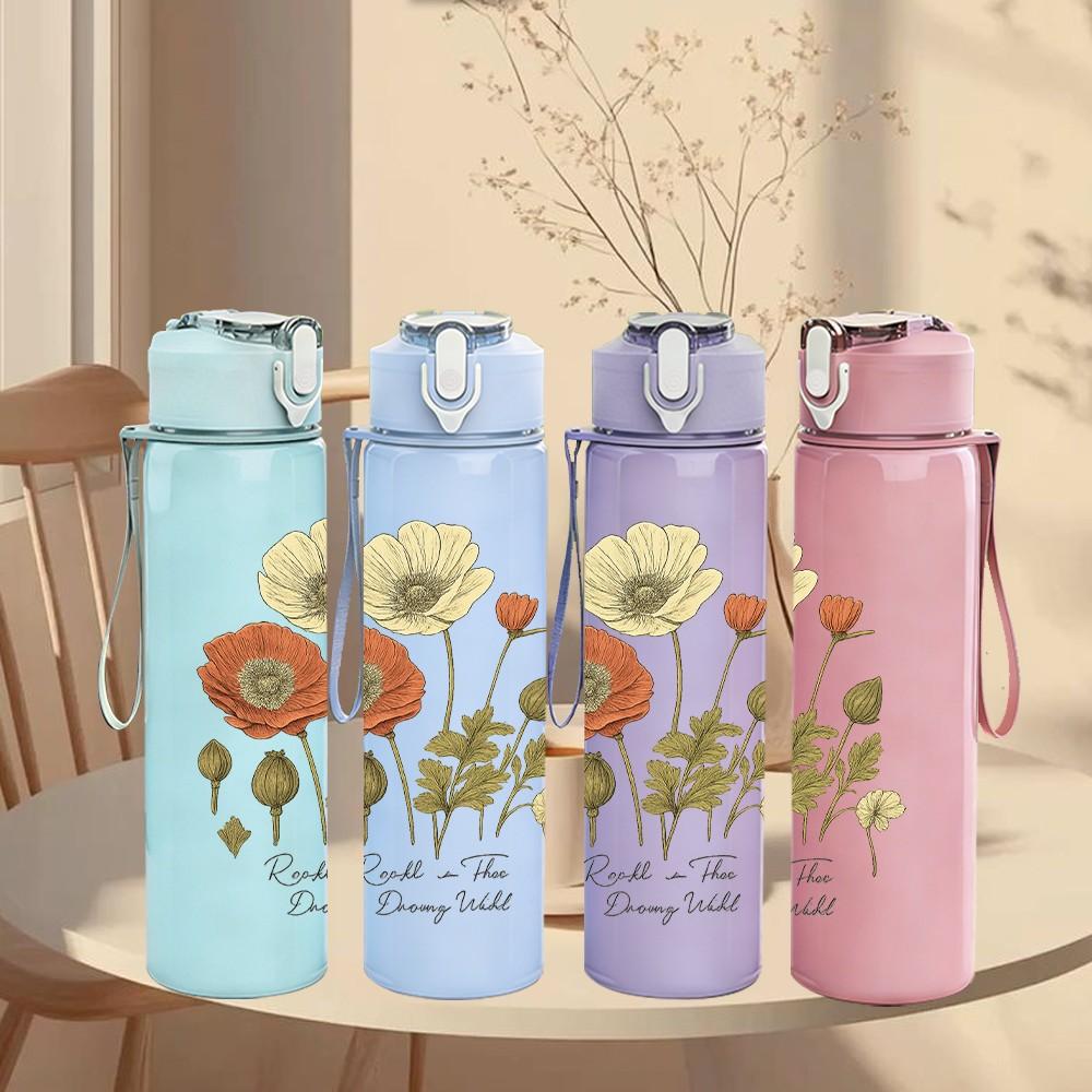 1PC Poppy Flower Botanical Art 750ml Color Plastic Sports Water Bottle Leakproof Flip Straw Lid Suitable for Sports Office Home Use