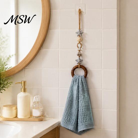 Natural Wood Bead Towel Hanger Beaded Hanger, Bohemian Wall Mounted Ring Hand No Drill Hook for Sink Holder, Decorative Hemp Rope Storage Rack