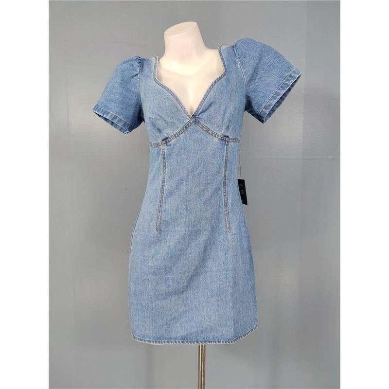 Export Single Lu Home Elegant V Neck High Waist Slimming Commuting All-Matching Jeans Short Sleeve Casual Daily Summer Dress
