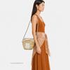 [Pre-Owned] Embossed Patch Adjustable Shoulder Strap Drawstring Closure Palm Leaf Patchwork Leather Bucket Bag - Very Good #GRNMJV