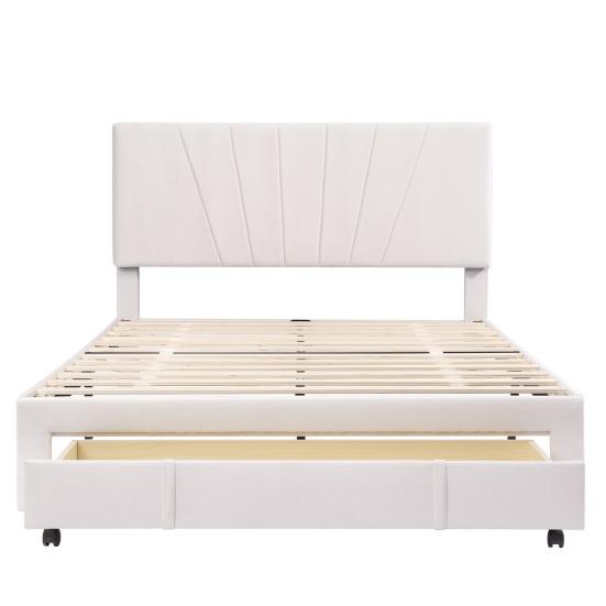 140x200cm Velvet Fabric Solid Wood Bed with Backrest Large Drawer Ergonomic Design Strong Wood Slat Support Bed Home Furniture