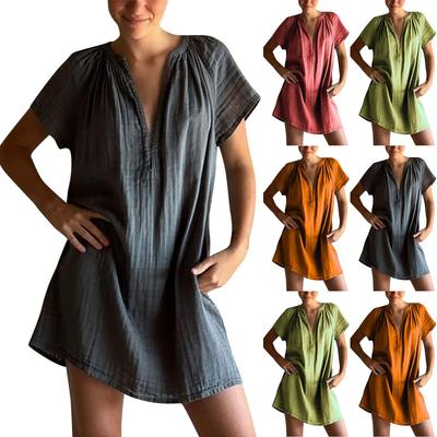 Женские модные повседневные приталенные платья с коротким рукавом, V-образным вырезом, плиссировкой и прямым силуэтом