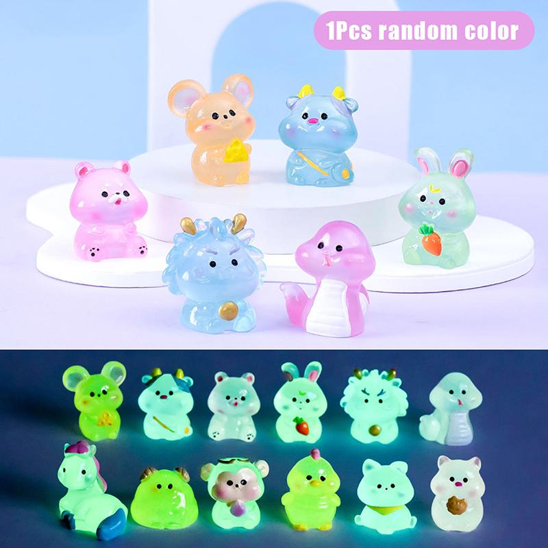 1Pcs Chinese Zodiac Mini Luminous Ornaments Cartoon Animal Resin Ornament Micro Landscape Decoration Diy Desktop Decor
