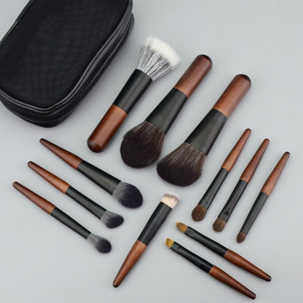 12Pcs Compact Mini Makeup Brush Set Wood Handle Concealer Brush Set Lip Liner Brush Set Travel
