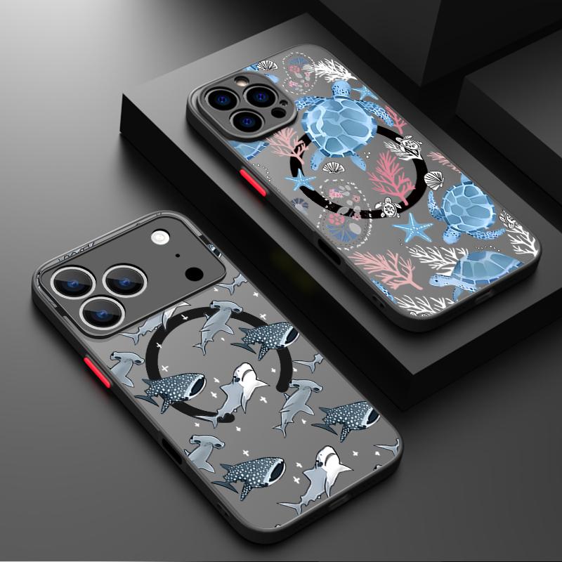 Чехол с рисунком Морская Черепаха, Ракушка, Кит для iPhone 17 Pro Max Магнитный для Magsafe Гибридный ТПУ+ПК Матовая Крышка для iPhone 16 Pro Max 15 14 13 12 11 16E Air