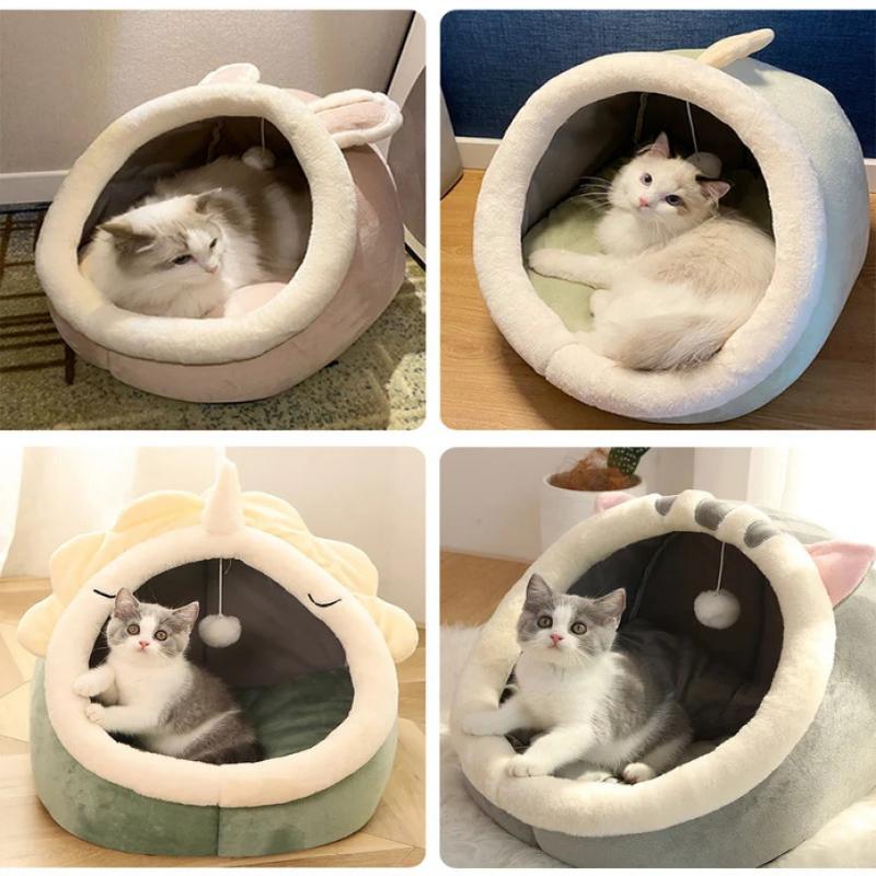 Cartoon Pet Bed For Cats & Small Dogs - Foldable Removable Washable Deep Sleep Cave Bed, Soft Sleeping Mat For Pets