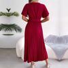 Женское весенне-летнее темпераментное длинное платье с V-образным вырезом и коротким рукавом, однотонное плиссированное макси-платье S-XL