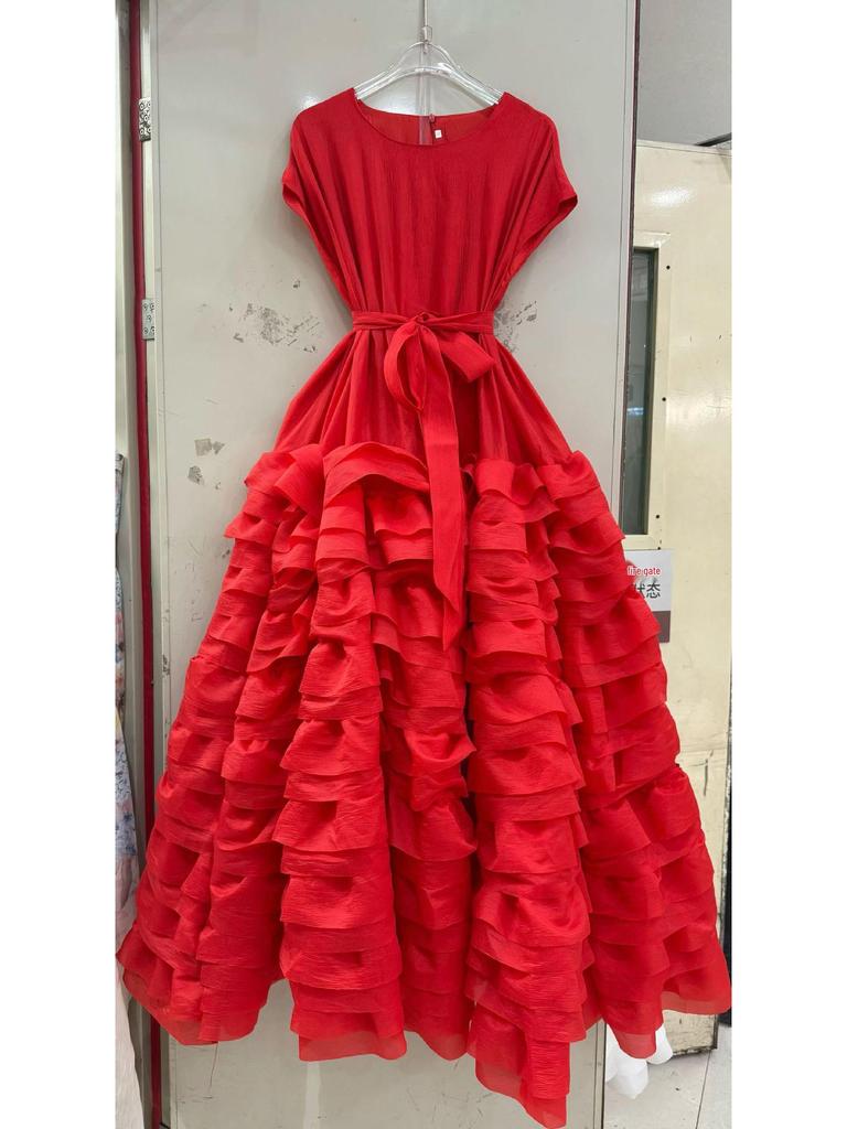 Elegant French Ruffle Waist-Cinching Patchwork Pleated Cake Skirt with Lace-Up Detail
