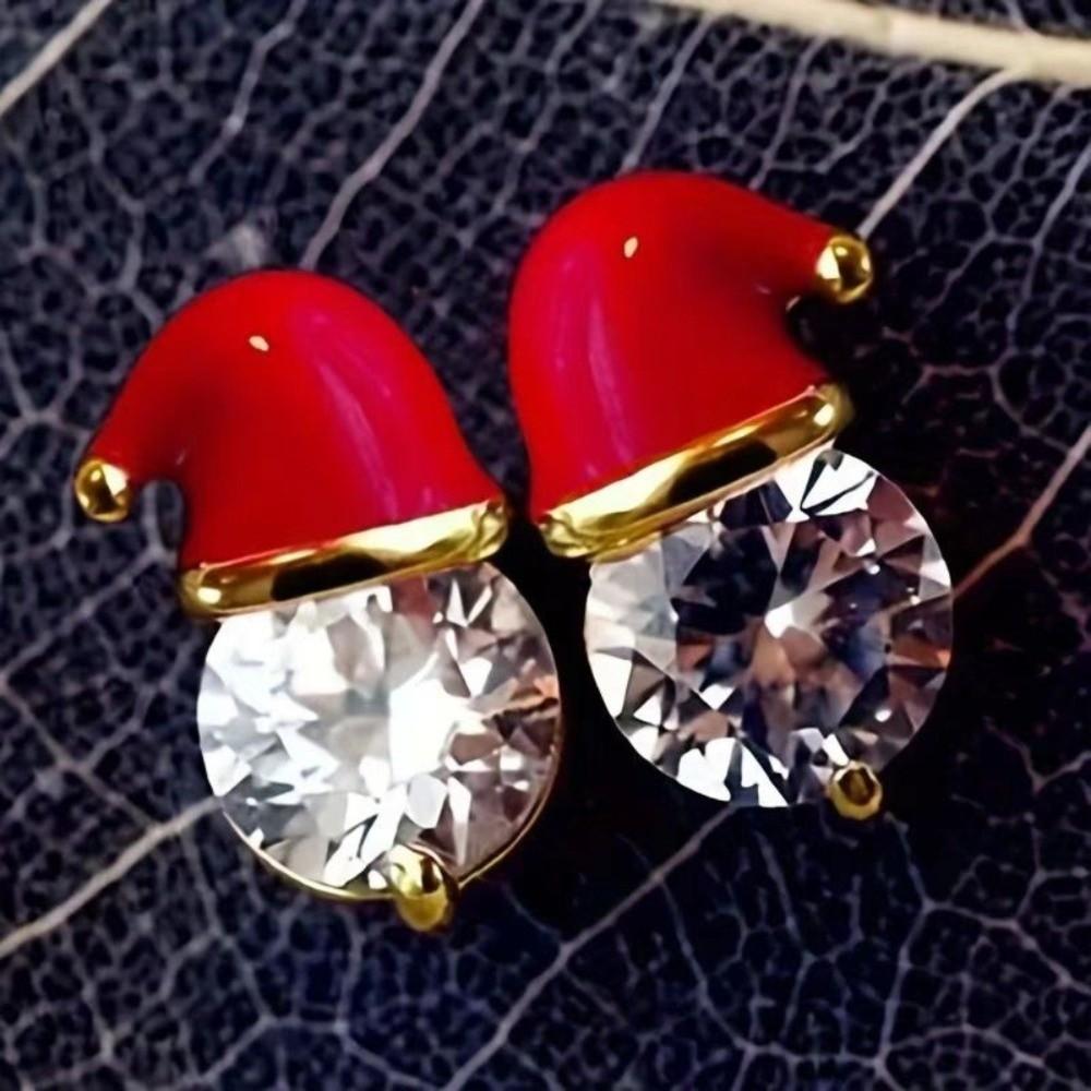 Sparkling Christmas Stud Earrings Red Enamel Rhinestone Ball Earrings Santa Hat Earrings Women