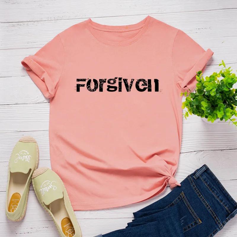 Прощено Принт Письма Женская Футболка с Коротким Рукавом Круглый Вырез Свободная Женская Футболка Женская Футболка Топы Одежда Camisetas Mujer